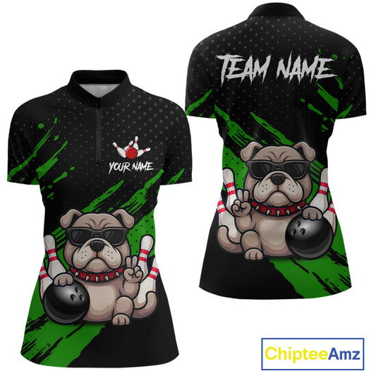 Custom green funny bulldog bowling jersey for women, personalized team bowling quarter zip shirt front view and back view.