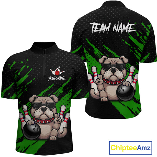 Custom green funny bulldog bowling jersey for men, personalized team bowling quarter zip shirt front view and back view.