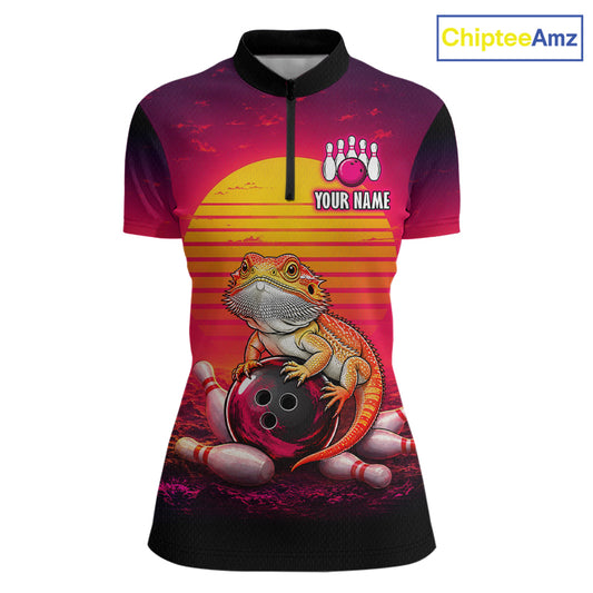 Custom retro sunset bearded dragon bowling jersey for women, personalized team bowling quarter zip shirt front view
