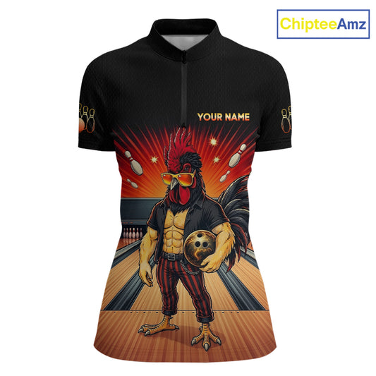 Custom funny rooster bowling jersey for women, personalized team bowling quarter zip shirt front view