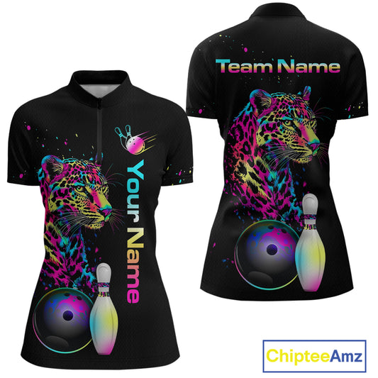 Custom Multicolor Leopard Bowling Shirts For Women Bowling Team Shirt Polo & 1/4 Zip HNT134