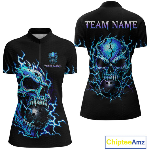 Black short-sleeve polo shirt shown from the front and back, featuring a large blue and purple skull graphic with lightning effects, customizable text on the chest, and 'TEAM NAME' printed across the upper back. A ChipteeAmz logo appears in the bottom right corner.