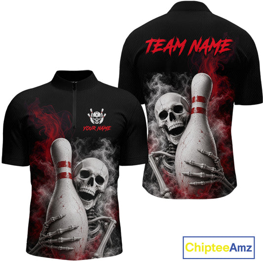 Black short-sleeve zip-front shirt shown from front and back on a white background, featuring a large graphic of a skull and skeletal hand holding a bowling pin with red smoke effects. The front has a small skull-and-crossbones logo and red placeholder text, and the back has large red placeholder text reading TEAM NAME.