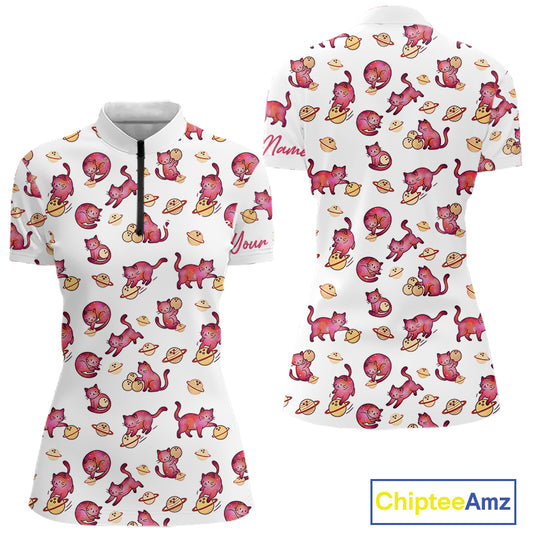 Women quarter zip shirt with red cat and bowling pattern, featuring 'Chiptee Amz' branding.