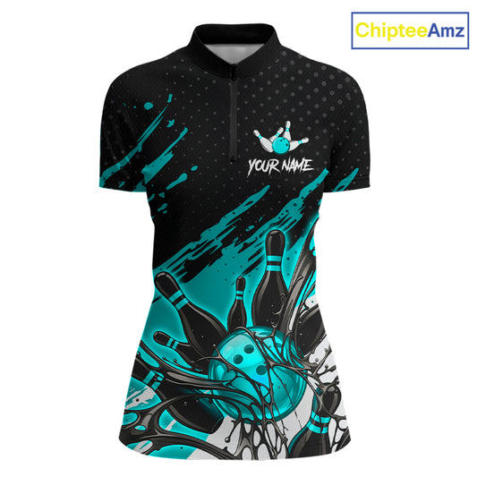 Custom Turquoise Bowling Jerseys For Women, Personalized Bowling Team Shirts Bowling Pin And Ball HNT283