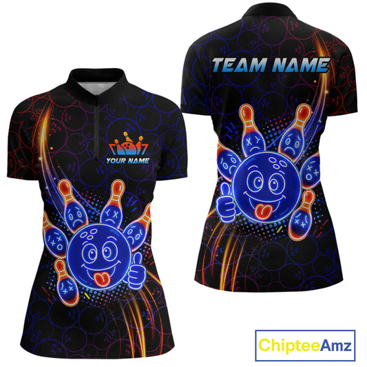 Front and back views of a black bowling quarter zip shirt with neon blue and orange cartoon bowling ball and pin graphics, plus custom “TEAM NAME” and “YOUR NAME” text.