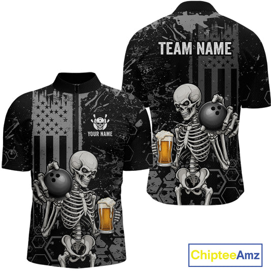 Front and back views of a black short-sleeve polo shirt featuring a distressed skeleton graphic holding a bowling ball and beer mug, with American flag and hexagon patterns. The back shows 'TEAM NAME' and 'YOUR NAME' placeholder text.