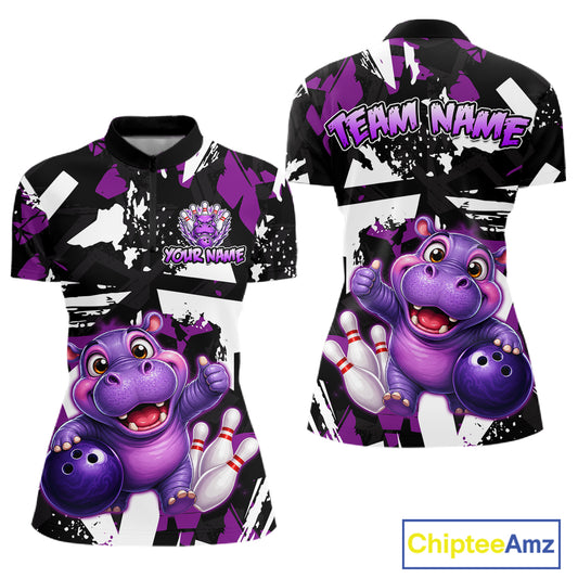 Front and back views of a black, white, and purple bowling quarter zip shirt featuring a cheerful purple hippo holding a bowling ball, with custom team and player name text.