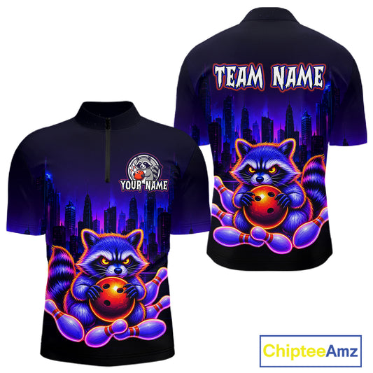 Front and back bowling quarter zip shirt featuring a raccoon holding a bowling ball framed by pins with purple city skyline background.