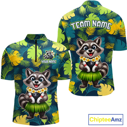 Front and back views of a tropical bowling quarter zip featuring a smiling raccoon mascot in a grass skirt, leafy patterns, bowling pins, and custom team and your name text.