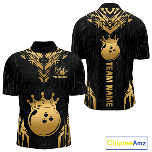 Front and back view personalized bowling quarter zip shirt with a crowned bowling ball centered among geometric gold patterns across a black layout.