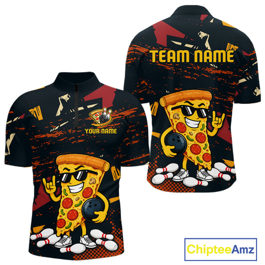 Front and back views of a black bowling quarter zip featuring orange grunge graphics, a sunglasses-wearing pizza slice mascot, bowling pins, and custom team text.