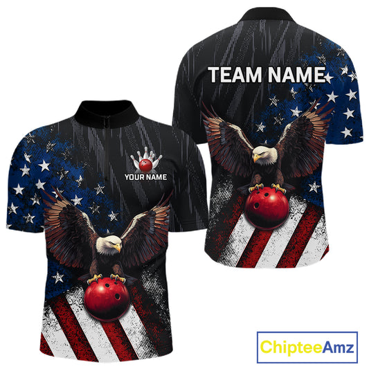 Front and back views of a customizable short-sleeve bowling t-shirt. The shirt features a patriotic design with an American flag pattern, a bald eagle holding a red bowling ball, and customizable text areas reading 'TEAM NAME' on the back and 'YOUR NAME' with a hand icon on the front.