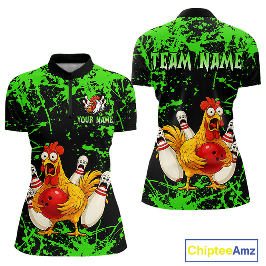 Custom Green Funny Chicken Bowling Jersey for Women Bowling Uniform Bowling Team Shirts HNT282