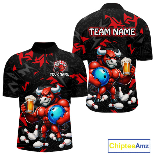 Custom red beer bull bowling jersey for men, personalized team bowling quarter zip shirt front view and back view