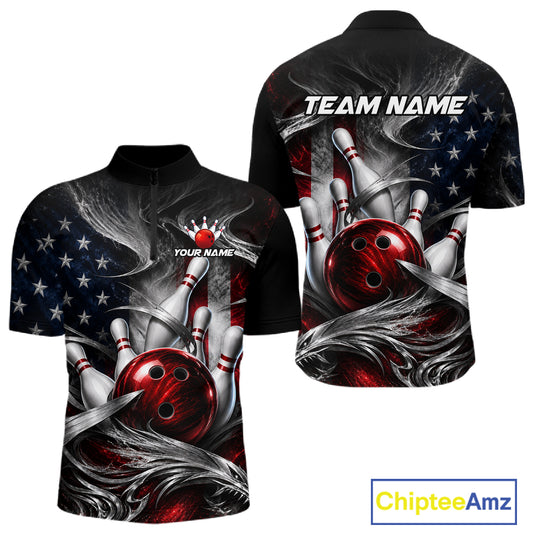 Front and back views of a short-sleeve bowling-themed polo shirt on a white background. The shirt features a bold graphic print with red bowling balls, white bowling pins, a red crown, and an American flag motif with gray smoke effects.
