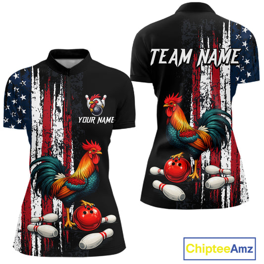 American Flag Rooster Bowling Jersey for Women Bowling Team Shirts Bowling Polo & 1/4 Zip HNT253