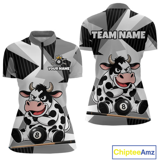 Two views of a sports jersey with a cow design and customizable text on a white background.