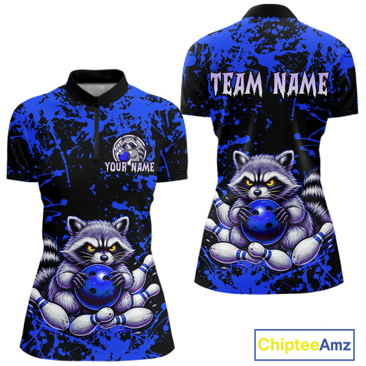 Custom Blue Raccoon Bowling Jersey for Women Bowling Uniform Polo & 1/4 Zip Bowling Team Shirts HNT224