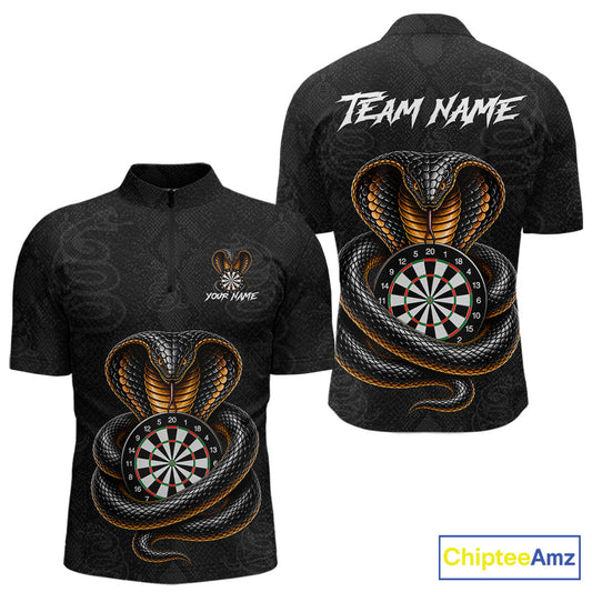 Front and back darts quarter zip shirt featuring a cobra wrapped around a dartboard with detailed cobra snake on a black background.