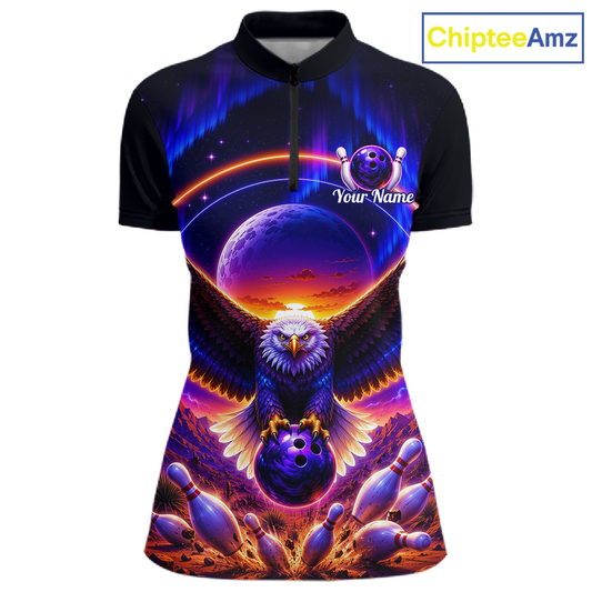 Front views of a black bowling quarter zip with a eagle, glowing planet backdrop, bowling pins, and custom player name text.