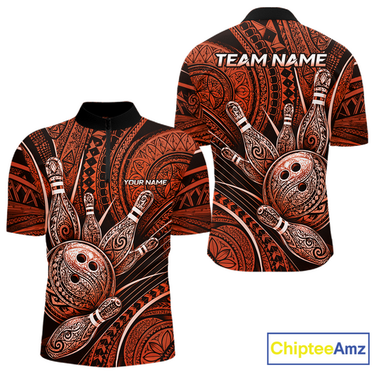 Front and back view personalized bowling quarter zip shirt with bowling balls and pins arranged within orange polynesian tribal patterned artwork across a dark layout.