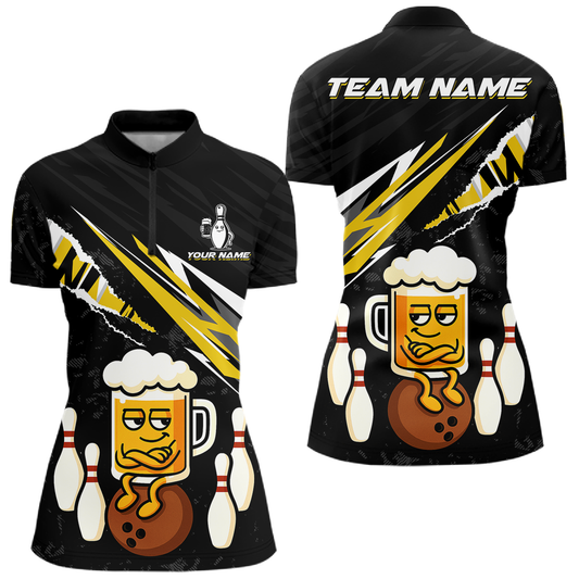 Custom Yellow Funny Beer Bowling Jersey for Women Bowling Team Shirts Polo & 1/4 Zip HNT170
