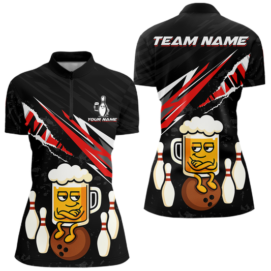 Custom Red Funny Beer Bowling Jersey for Women Bowling Team Shirts Polo & 1/4 Zip HNT170