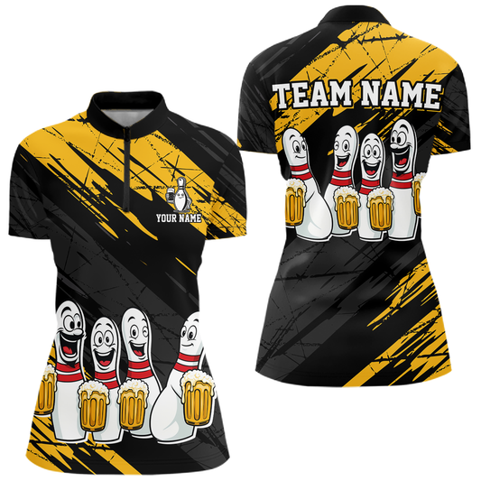 Custom Yellow Funny Bowling Tournament Jersey for Women Bowling Team Shirts Polo & 1/4 Zip HNT178