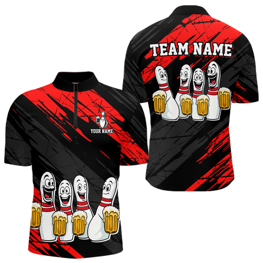 Custom Red Funny Bowling Tournament Jersey for Men Bowling Team Shirts Polo & 1/4 Zip HNT178