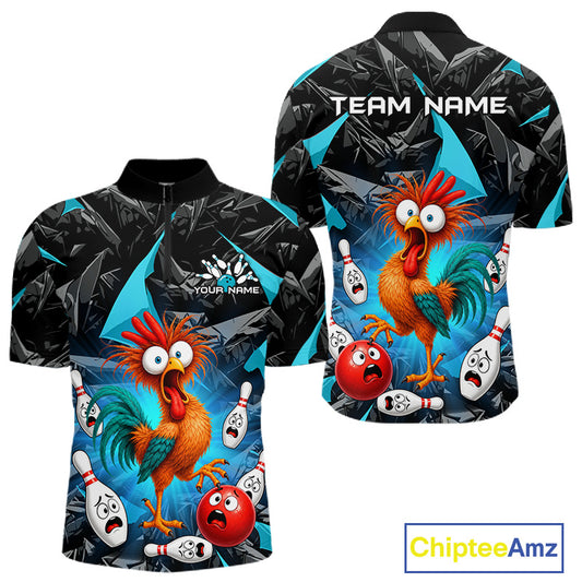 Front and back views of a short-sleeve bowling-themed crewneck shirt on a white background. The shirt features a black and blue geometric pattern with cartoon bowling balls, pins, and a colorful rooster.