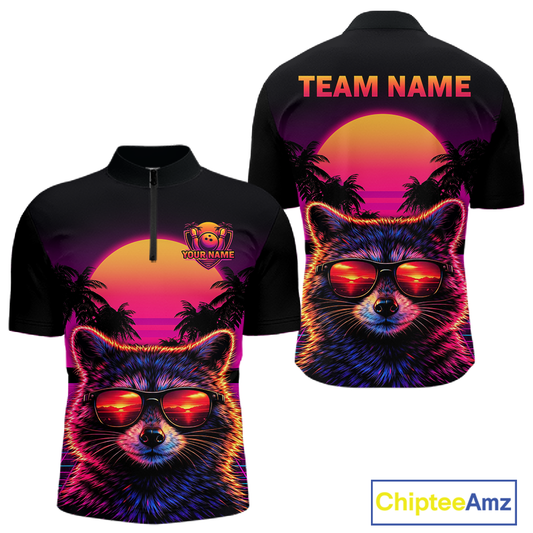 Custom Funny Raccoon Retro Sunset Bowling Jersey for Men Bowling Uniform Bowling Team Shirts HNT280