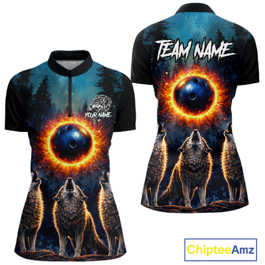 Flame Wolf Bowling Jersey for Women Bowling Uniform Polo &1/4 Zip Custom Bowling Team Shirts HNT252