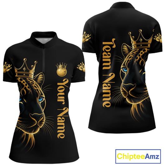 Black polo shirt with gold leopard design and customizable text on a white background