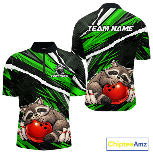 Custom Green Raccoon Funny Bowling Jersey for Men Bowling Team Shirts Polo & 1/4 Zip HNT247