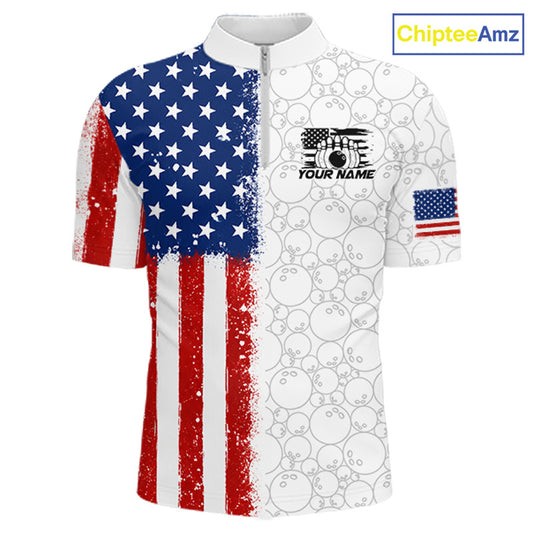 A short-sleeve cycling jersey with a split American flag design, featuring a distressed red, white, and blue flag on the left side and a white right side with gray bubble patterns. The center chest has a placeholder graphic with 'YOUR NAME', and the left sleeve has a small American flag print.