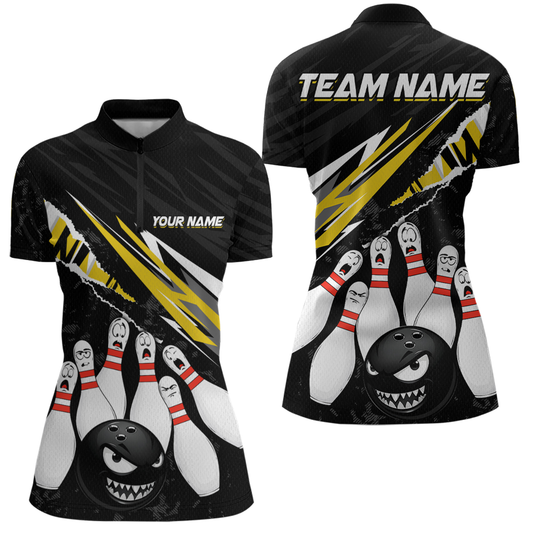Custom Yellow Funny Bowling Jersey for Women Bowling Uniform Polo & 1/4 Zip Bowling Team Shirts HNT128
