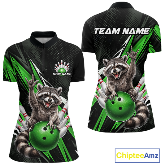 Custom Green Raccoon Bowling Jersey for Women Bowling Team Shirts Bowling Polo & 1/4 Zip HNT254