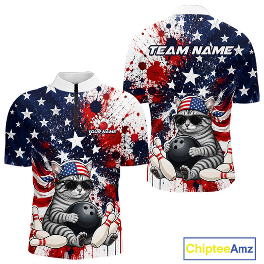 Front and back views of a patriotic bowling quarter zip featuring a sunglasses-wearing orange tabby cat with an American flag bandana, bowling ball and pins, plus personalized name and team name text.