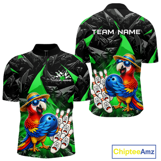 Colorful parrot-themed bowling shirt with customizable text on a white background