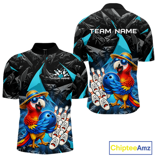 Bowling shirt with parrot design and customizable text on a white background
