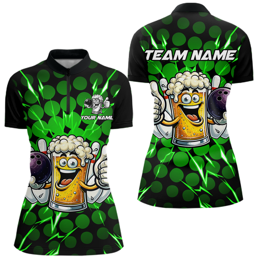 Custom Green Funny Beer Bowling Jersey for Women Bowling Team Shirts Polo & 1/4 Zip HNT187