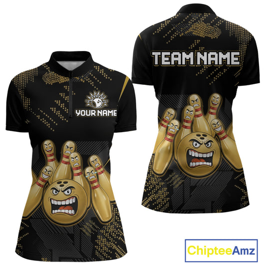 Custom Black and Gold Funny Bowling Jersey for Women Bowling Team Shirts Polo & 1/4 Zip HNT177
