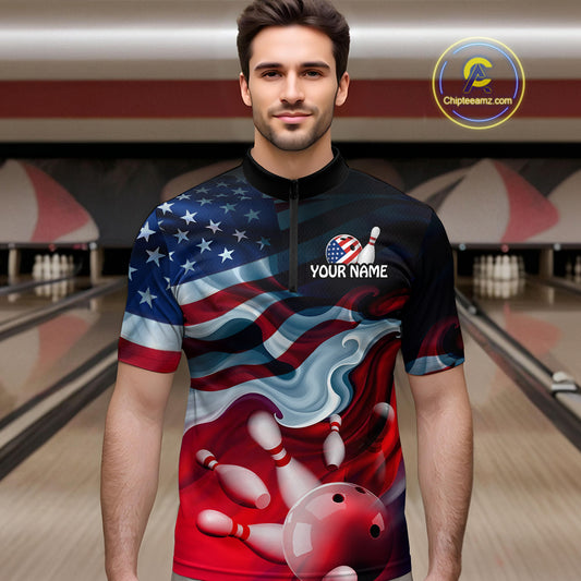 Personalized American Flag Bowling Quarter Zip Shirts For Men Custom Bowling Pattern Team Jersey 1/4 Zip Shirts YYD0021