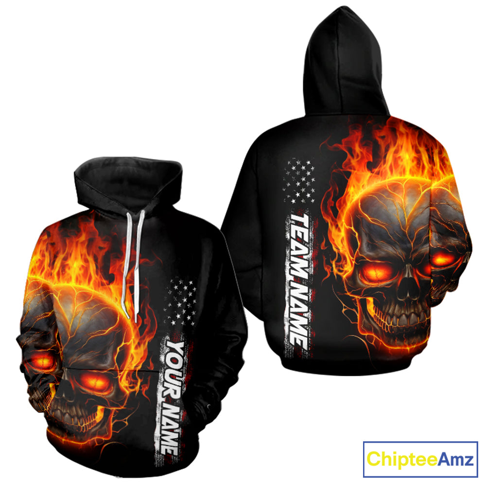 Flame Skull Custom Bowling Men And Women Hoodie Shirt, Patriotic Bowling Team Jersey Halloween Outfit IPHW5275