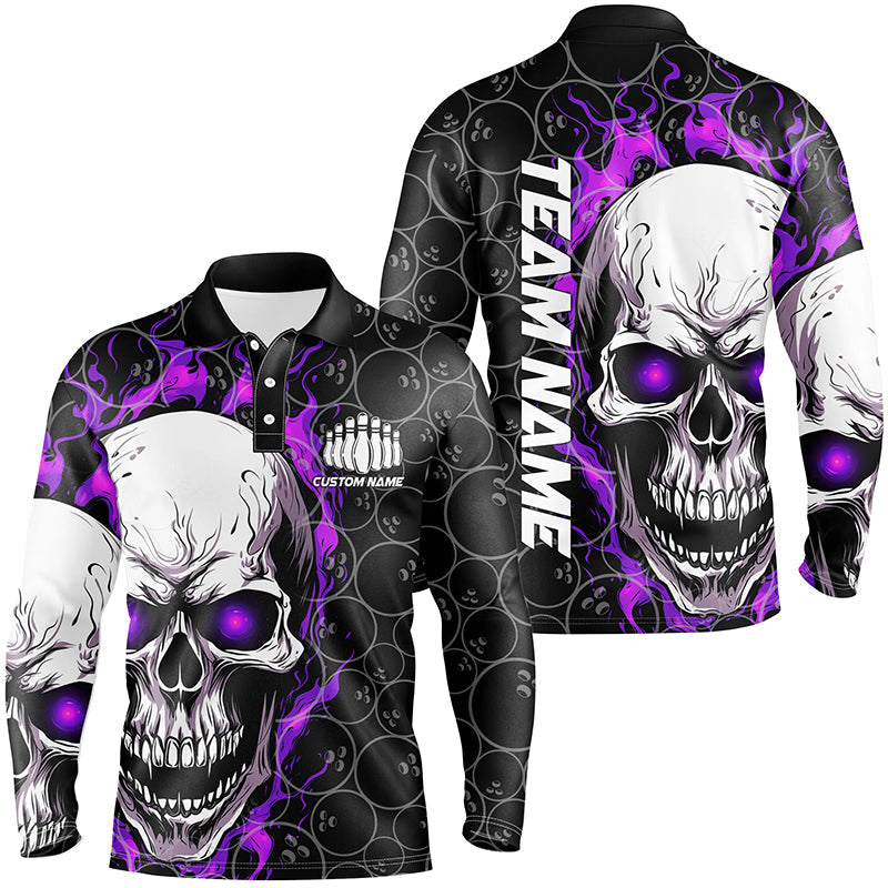 Custom Purple Flame Skull Bowling Shirts For Men, Bowling Team Long Sleeve Bowling Shirts IPHW5009