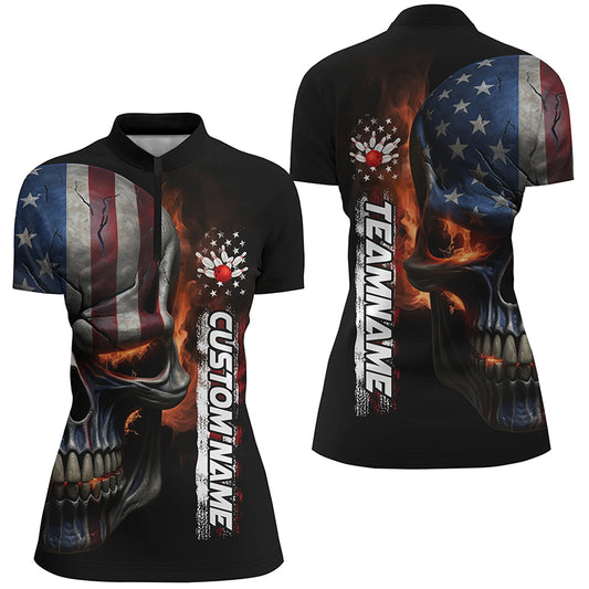 Flame Skull American Flag Custom Women's Team Bowling Shirts, Patriotic Bowling Shirt IPHW5177