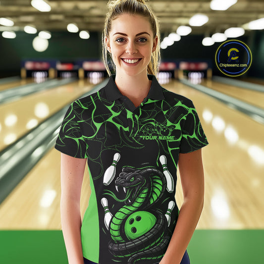 Custom Black And Green Cobra Snake Bowling Jerseys, Bowling Team Women Polo Shirts IPHW9039