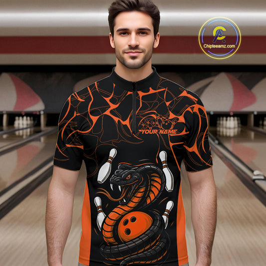 Custom Black And Orange Cobra Snake Bowling Jerseys, Bowling Team Men Quarter-Zip Shirts IPHW9040