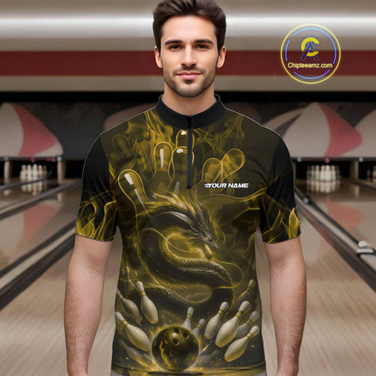 Custom Yellow Flame Dragon Bowling Men Quarter-Zip Shirts, Dragon Bowling League Shirt IPHW10225